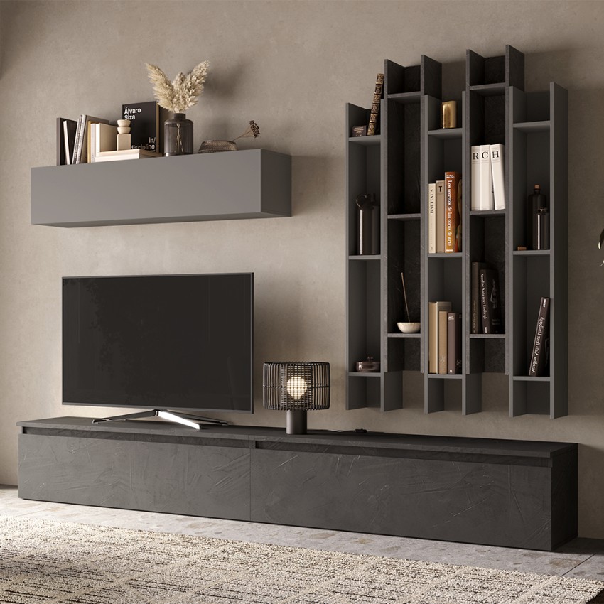 Parete attrezzata con libreria moderna grigio mobile tv nero Infinity 30 Promozione Parete attrezzata con libreria moderna grigio mobile tv nero Infinity 30 Promozione