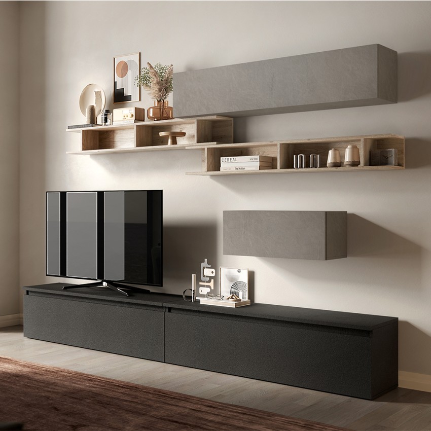 Parete attrezzata tv salotto moderno grigio mensole in legno Infinity 39 Vendita Parete attrezzata tv salotto moderno grigio mensole in legno Infinity 39 Vendita
