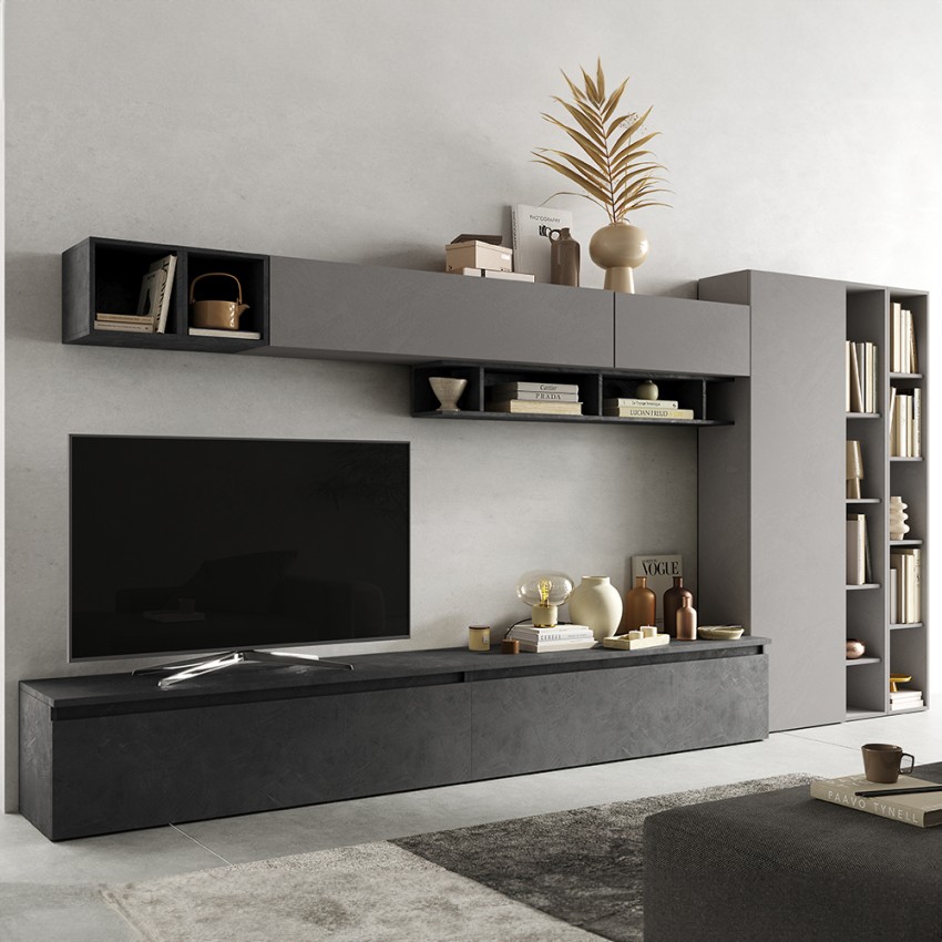 Parete attrezzata tv libreria moderna grigia mobili sospesi Infinity 43 Promozione Parete attrezzata tv libreria moderna grigia mobili sospesi Infinity 43 Promozione