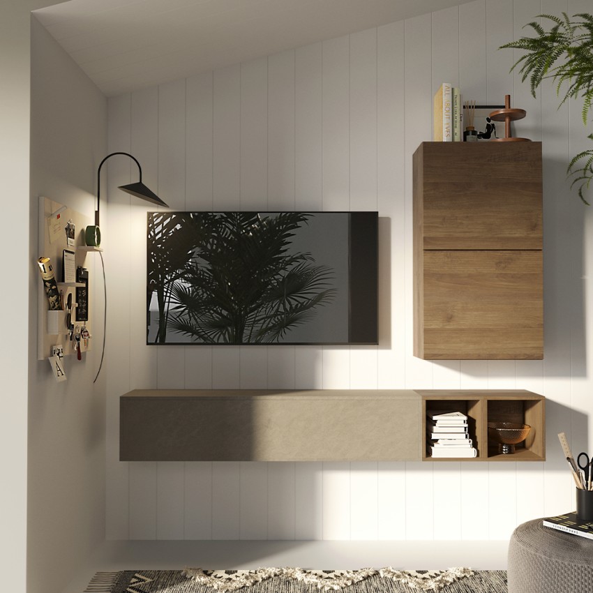 Moderne Wohnwand mit Holz-TV-Halterung und Hängemöbeln Infinity 47 Aktion Moderne Wohnwand mit Holz-TV-Halterung und Hängemöbeln Infinity 47 Aktion