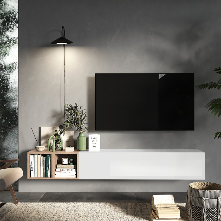 Mobile TV sospeso design minimal moderno con mensole legno Infinity 49 Promozione Mobile TV sospeso design minimal moderno con mensole legno Infinity 49 Promozione