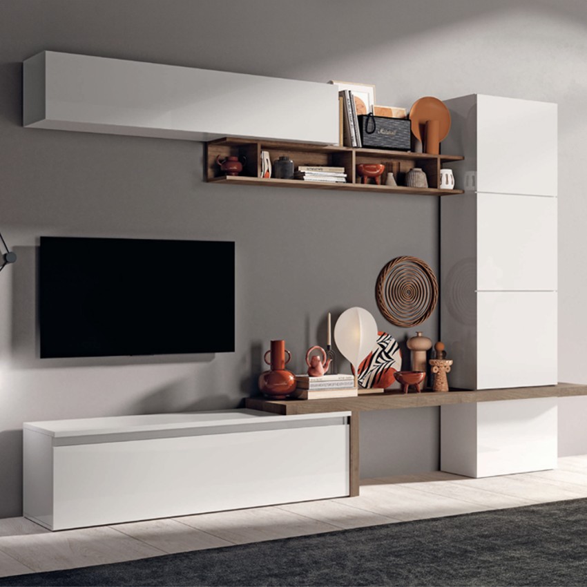 Parete attrezzata contemporanea porta tv legno bianco lucido Fantasy 03 Promozione Parete attrezzata contemporanea porta tv legno bianco lucido Fantasy 03 Promozione