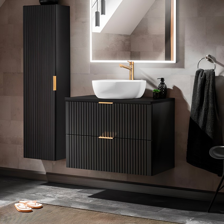Mobile bagno sospeso 80x46cm nero cassetti lavabo da appoggio Adel Black Promozione Mobile bagno sospeso 80x46cm nero cassetti lavabo da appoggio Adel Black Promozione