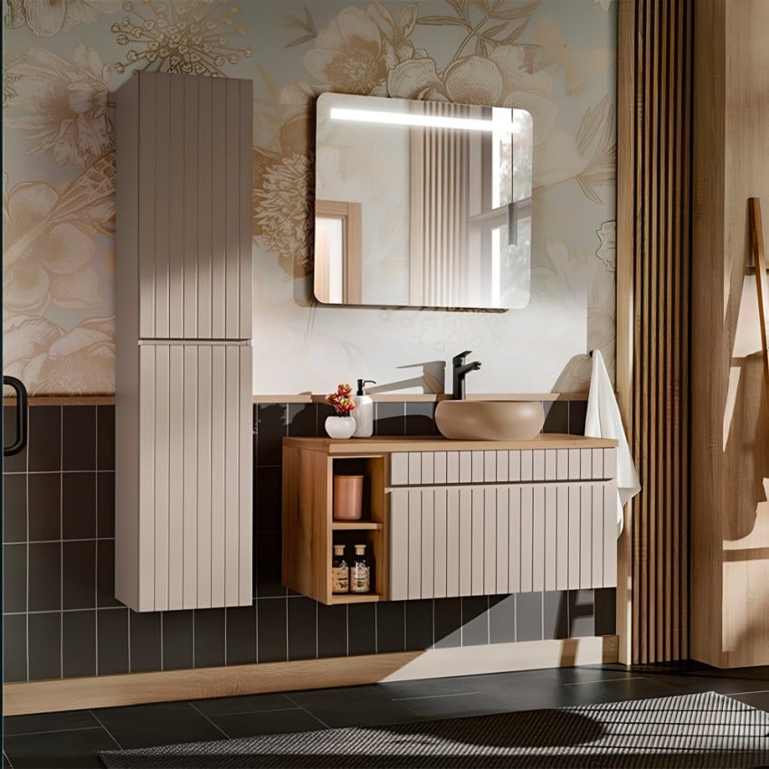 Mobile bagno sospeso lavabo da appoggio beige specchio armadio Coast 100 SNA Promozione Mobile bagno sospeso lavabo da appoggio beige specchio armadio Coast 100 SNA Promozione