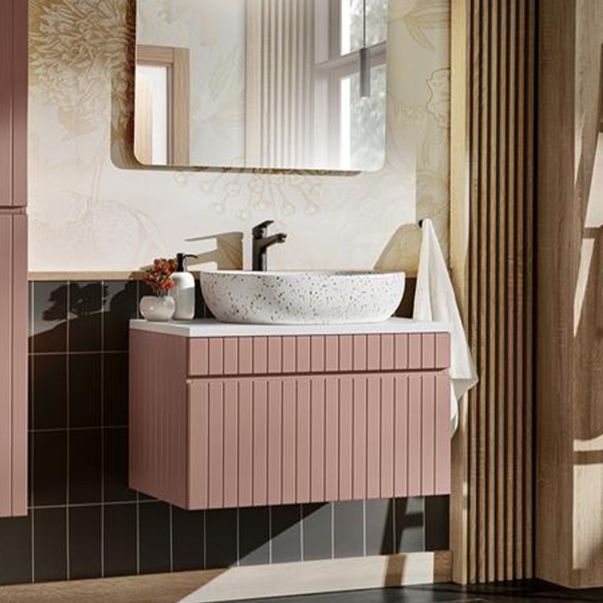 Mobile bagno sospeso 80x46 lavabo da appoggio rosa e bianco Lili 80 Promozione Mobile bagno sospeso 80x46 lavabo da appoggio rosa e bianco Lili 80 Promozione