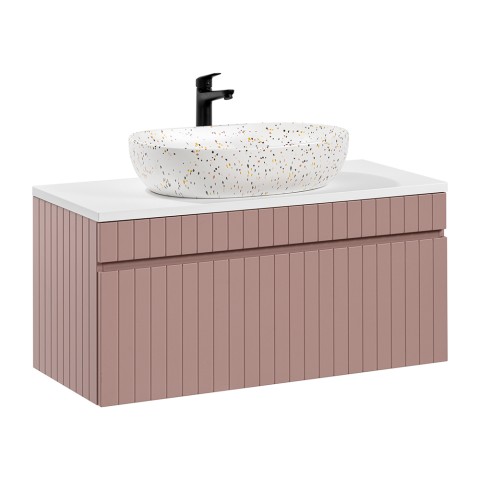 Meuble salle de bain suspendu avec lavabo d'appui rose et blanc Lili 100 Promotion