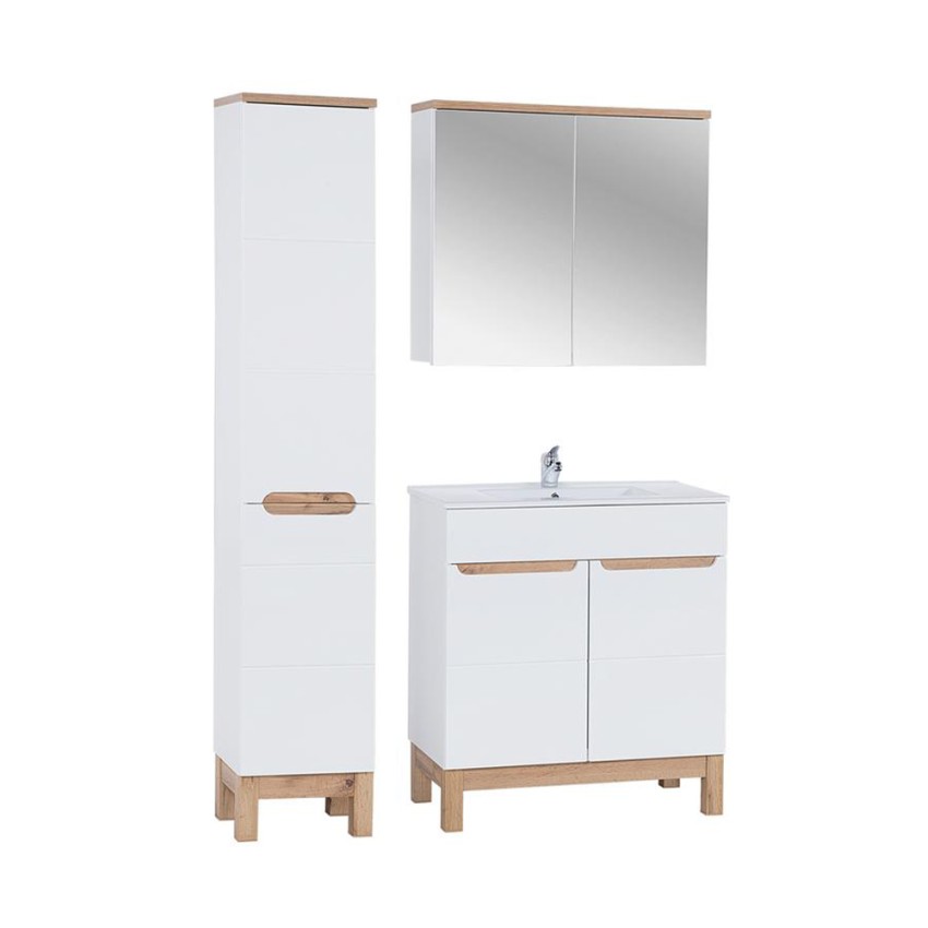 Mobile bagno a terra con lavabo specchio armadio bianco e legno Bali Promozione Mobile bagno a terra con lavabo specchio armadio bianco e legno Bali Promozione