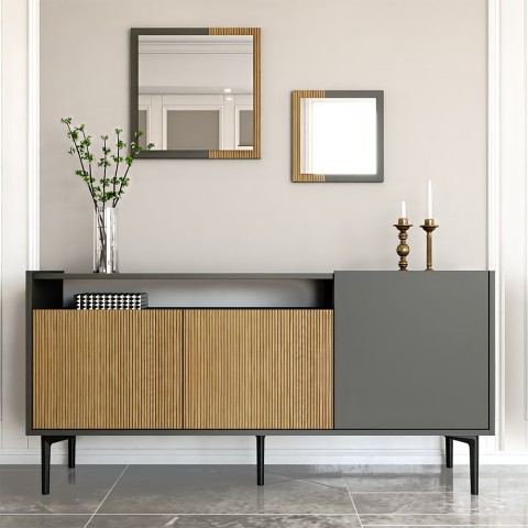 Credenza soggiorno moderna 150 cm nera ante in legno 2 specchi Fleury Promozione
