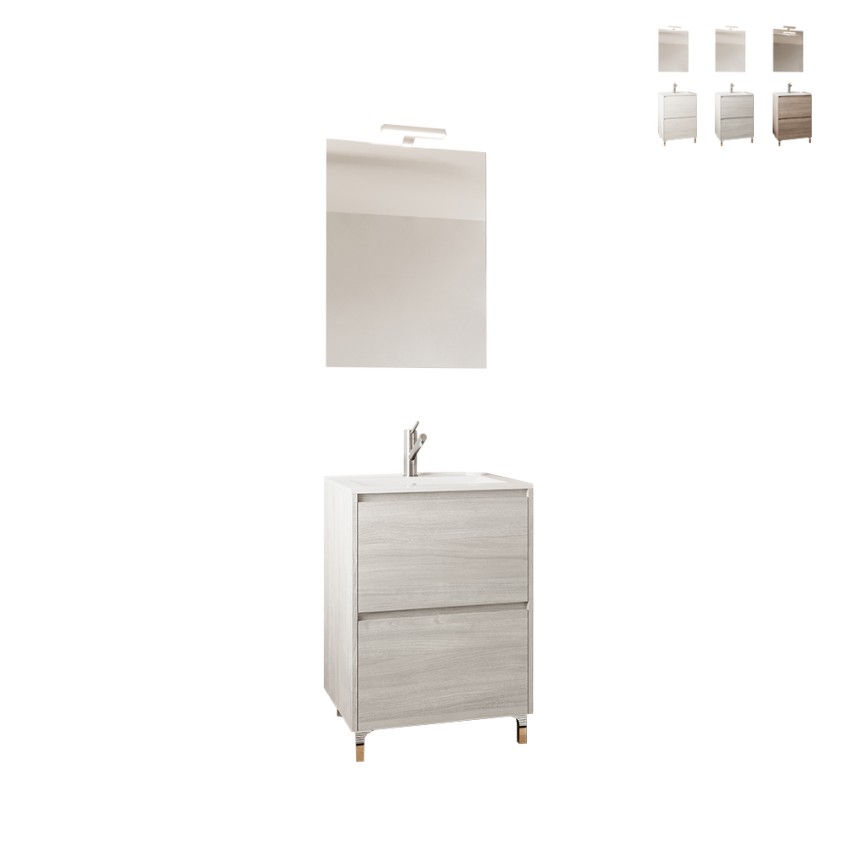 Platzsparender bodenstehender Badezimmerschrank mit Waschbecken 60cm LED-Spiegel Lisbona 60 Aktion Platzsparender bodenstehender Badezimmerschrank mit Waschbecken 60cm LED-Spiegel Lisbona 60 Aktion