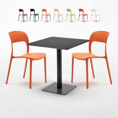 Table carrée noire 70x70 + 2 chaises colorées Restaurant Kiwi Promotion
