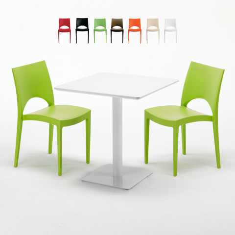 Table carrée 70x70 blanche avec 2 chaises colorées Paris Meringue Promotion