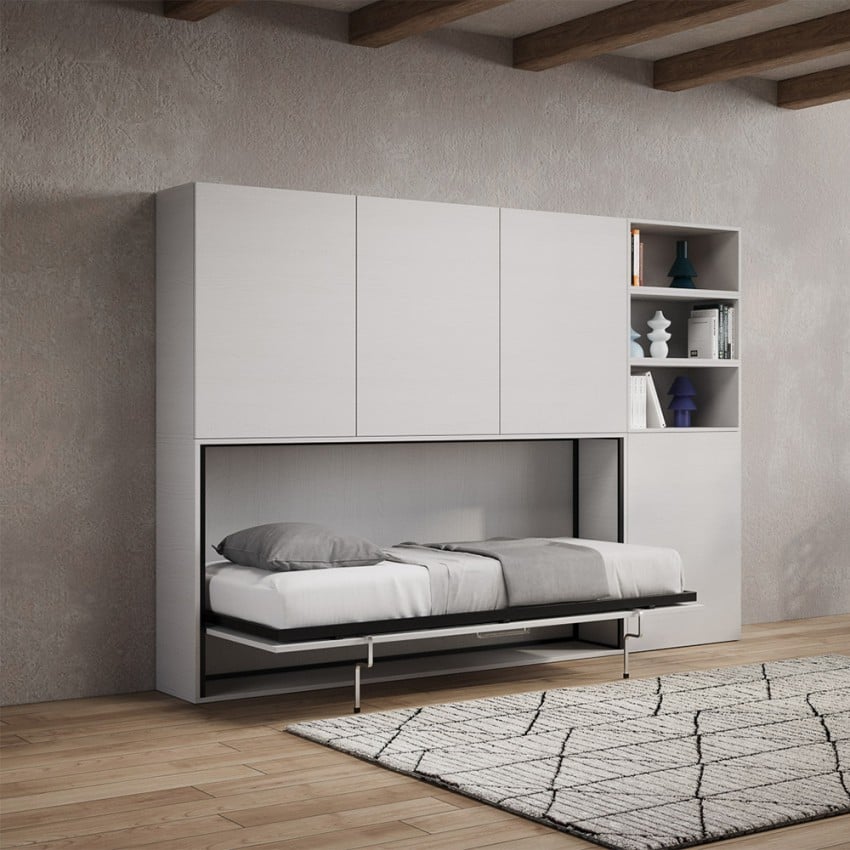 Letto singolo a scomparsa orizzontale mobile con libreria bianco Kando F Promozione Letto singolo a scomparsa orizzontale mobile con libreria bianco Kando F Promozione