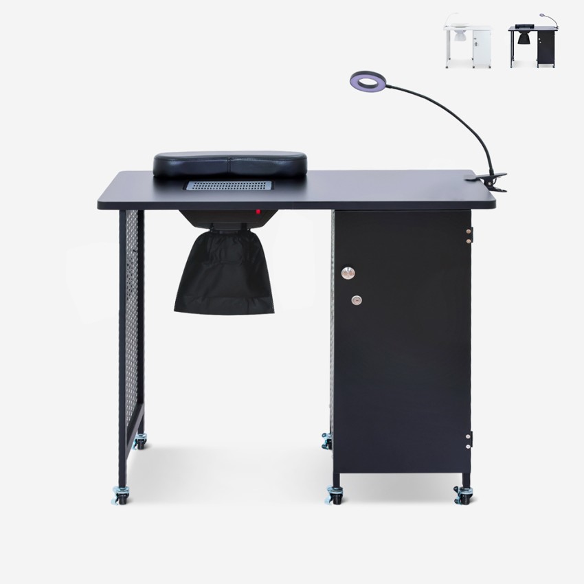 Manikürtisch für Kosmetikerin mit Absaugvorrichtung Räder Lampe weiß schwarz Klea Verkauf Manikürtisch für Kosmetikerin mit Absaugvorrichtung Räder Lampe weiß schwarz Klea Verkauf