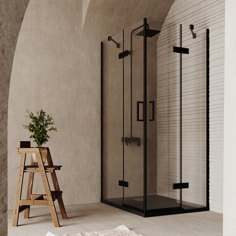 Cabine de douche carrée d'angle 90x90 verre transparent noir 6mm Lion Promotion