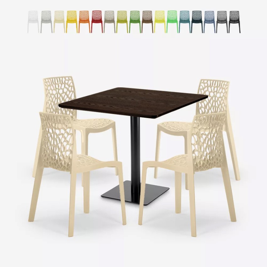 Ensemble Table Bois Métal Horeca 90x90cm 4 Chaises Design Empilables Dustin Restaurant Bar Ensemble Table Bois Métal Horeca 90x90cm 4 Chaises Design Empilables Dustin Restaurant Bar