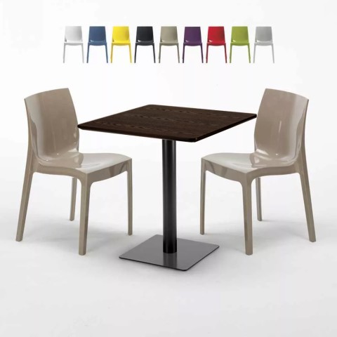 Table Carrée 70x70 Effet Bois avec 2 Chaises Colorées Ice Melon Promotion