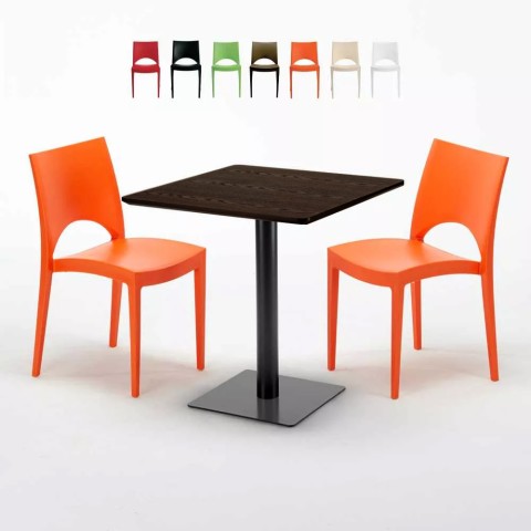 Table carrée 70x70 plateau effet bois avec 2 chaises colorées Paris Melon Promotion