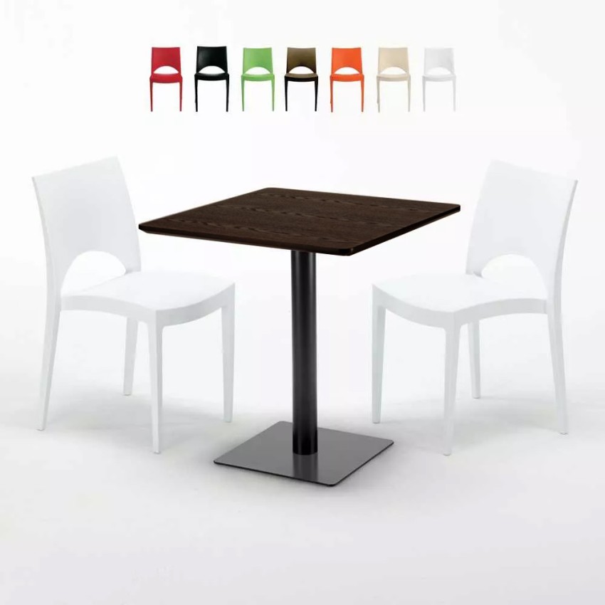 Table carrée 70x70 plateau effet bois avec 2 chaises colorées Paris Melon Réductions Table carrée 70x70 plateau effet bois avec 2 chaises colorées Paris Melon Réductions