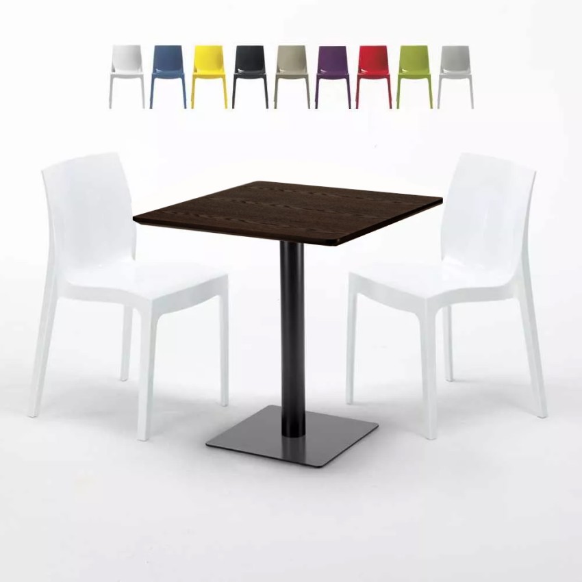 Table carrée 60x60 pied noir et plateau bois avec 2 chaises colorées Ice Kiss Choix Table carrée 60x60 pied noir et plateau bois avec 2 chaises colorées Ice Kiss Choix