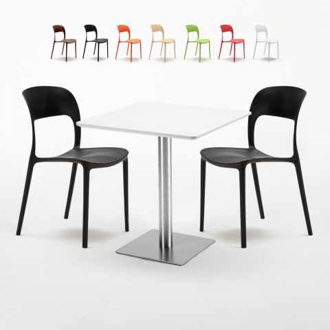 Table carrée 70x70 blanche pied en acier et 2 chaises colorées Restaurant Strawberry Promotion