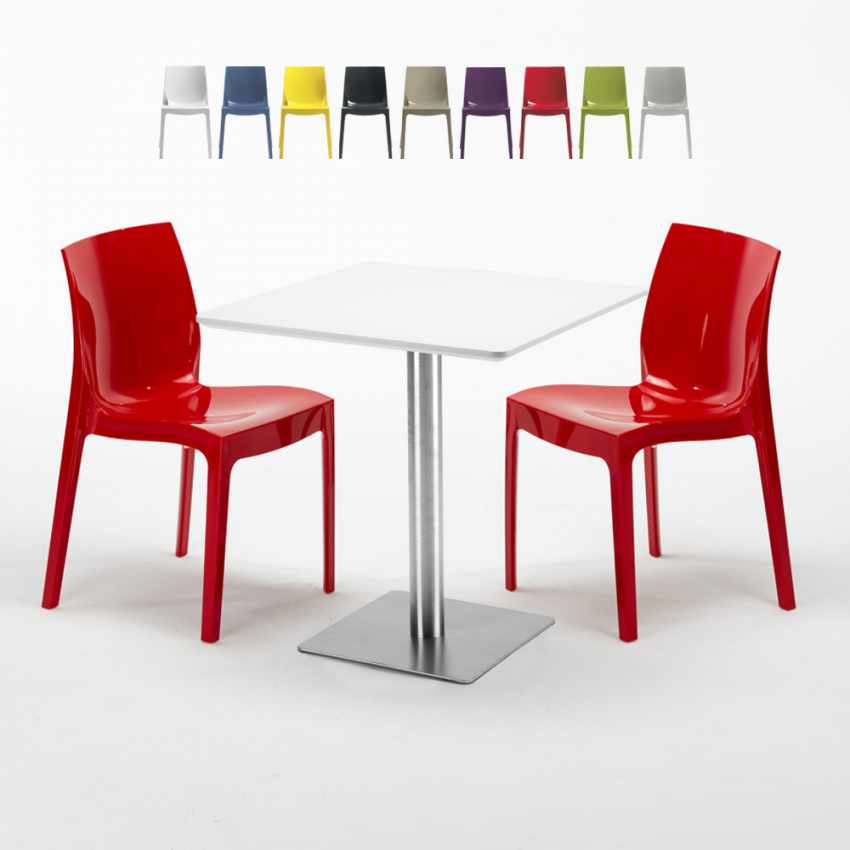 Tavolino Quadrato Bianco 70x70 cm con Base in Acciaio e 2 Sedie Colorate Ice Strawberry Sconti Tavolino Quadrato Bianco 70x70 cm con Base in Acciaio e 2 Sedie Colorate Ice Strawberry Sconti