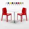 Tavolino Quadrato Bianco 70x70 cm con Base in Acciaio e 2 Sedie Colorate Ice Strawberry Sconti