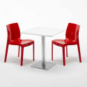Tavolino Quadrato Bianco 70x70 cm con Base in Acciaio e 2 Sedie Colorate Ice Strawberry 