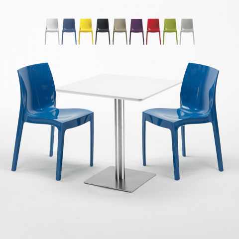 Weiß Tisch Stahlfuß Quadratisch 70x70 Bunte Stühle Ice Strawberry Aktion