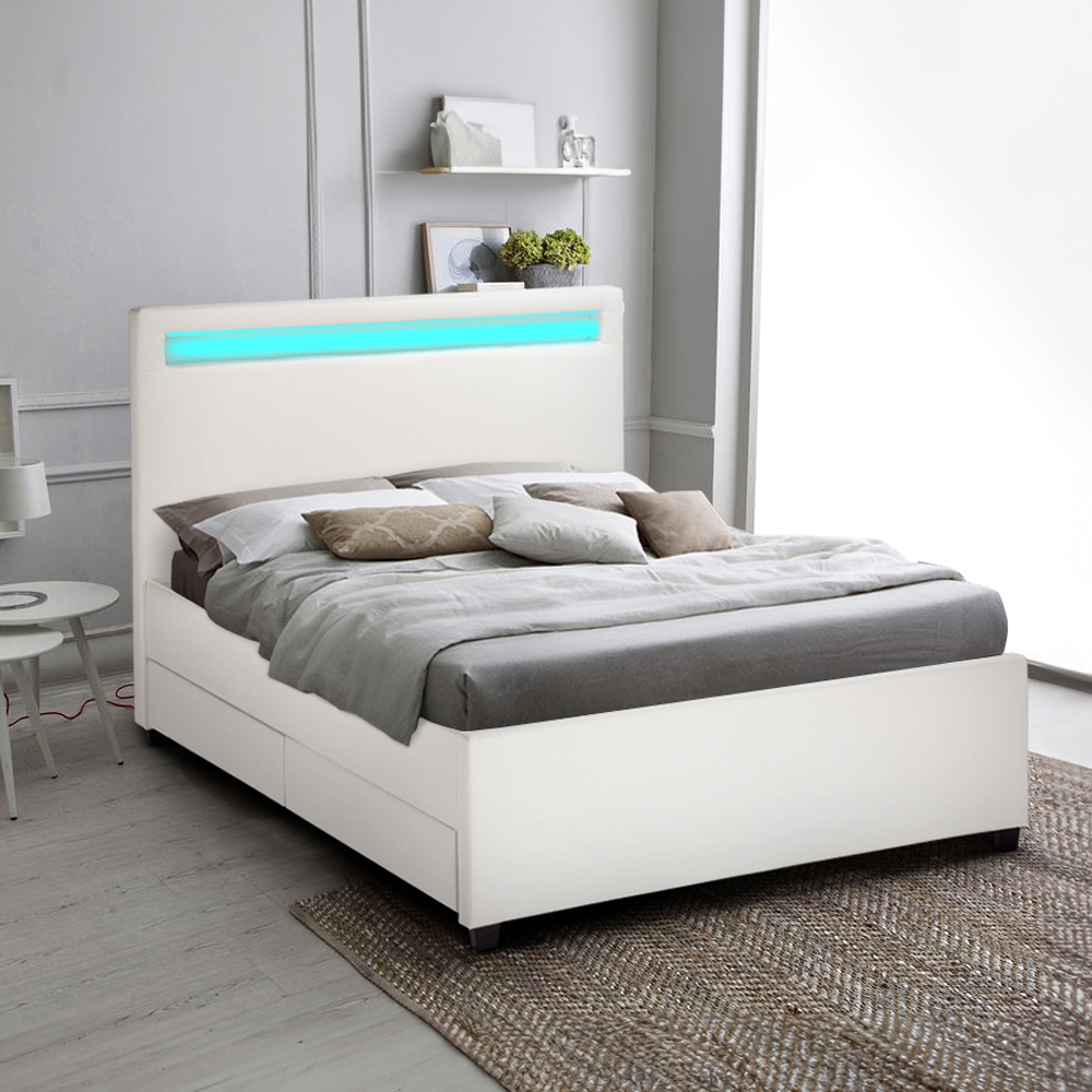 Letto francese 1 piazza e mezza con rete testiera moderno led cassetti 120x190 Geneva Promozione Letto francese 1 piazza e mezza con rete testiera moderno led cassetti 120x190 Geneva Promozione