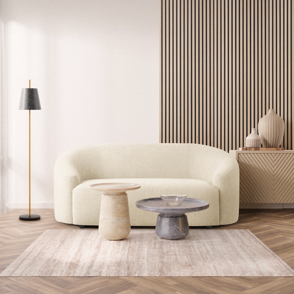 Geschwungenes Bouclé 2-Sitzer Designersofa in weißem Teddy-Stoff Connie Aktion Geschwungenes Bouclé 2-Sitzer Designersofa in weißem Teddy-Stoff Connie Aktion