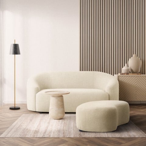 2-sitziges geschwungenes Sofa und Hocker-Set aus Teddybouclé-Stoff weiß Nydou Aktion