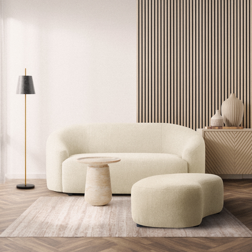 Set divano 2 posti curvo e pouf in tessuto teddy bouclé bianco Nydou Promozione Set divano 2 posti curvo e pouf in tessuto teddy bouclé bianco Nydou Promozione