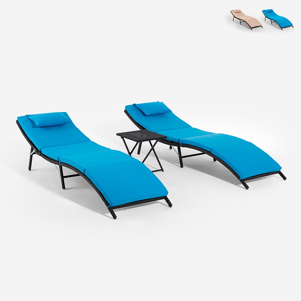 Set 2 lettini da giardino in rattan con tavolino pieghevole Lanzarote Promozione Set 2 lettini da giardino in rattan con tavolino pieghevole Lanzarote Promozione