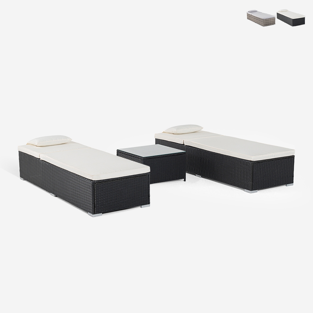 Set 2 lettini da giardino piscina in rattan con tavolino da esterno Bali Promozione Set 2 lettini da giardino piscina in rattan con tavolino da esterno Bali Promozione