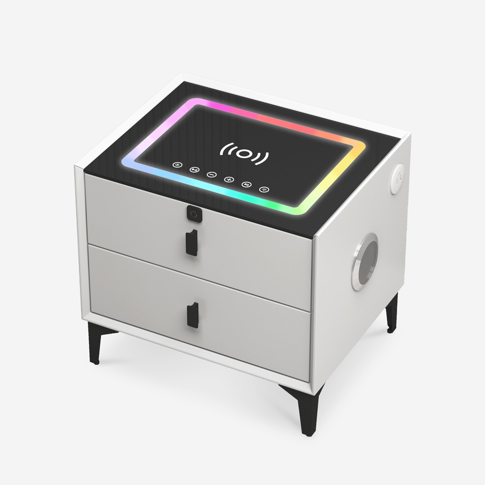 Table de chevet connectée charge sans fil USB Bluetooth 2 tiroirs Luk Promotion Table de chevet connectée charge sans fil USB Bluetooth 2 tiroirs Luk Promotion
