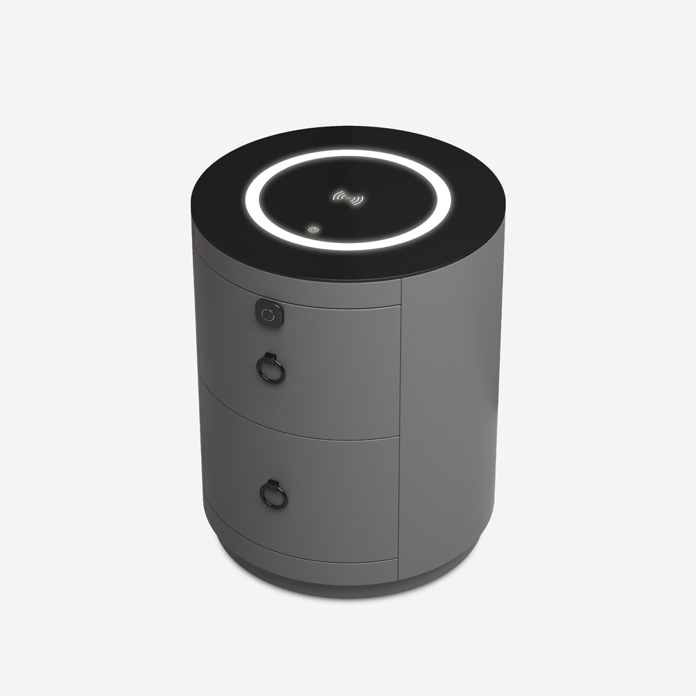 Comodino moderno rotondo con ricarica wireless luce LED e 2 cassetti Moho Promozione Comodino moderno rotondo con ricarica wireless luce LED e 2 cassetti Moho Promozione