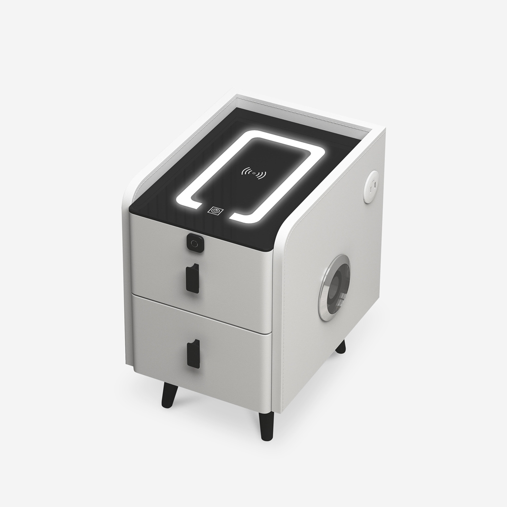 Comodino camera da letto bianco con luce LED e ricarica wireless Tainy Promozione Comodino camera da letto bianco con luce LED e ricarica wireless Tainy Promozione