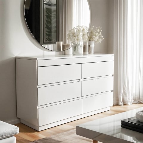 Cassettiera per camera da letto comò 6 cassetti bianco e legno Dainis Promozione