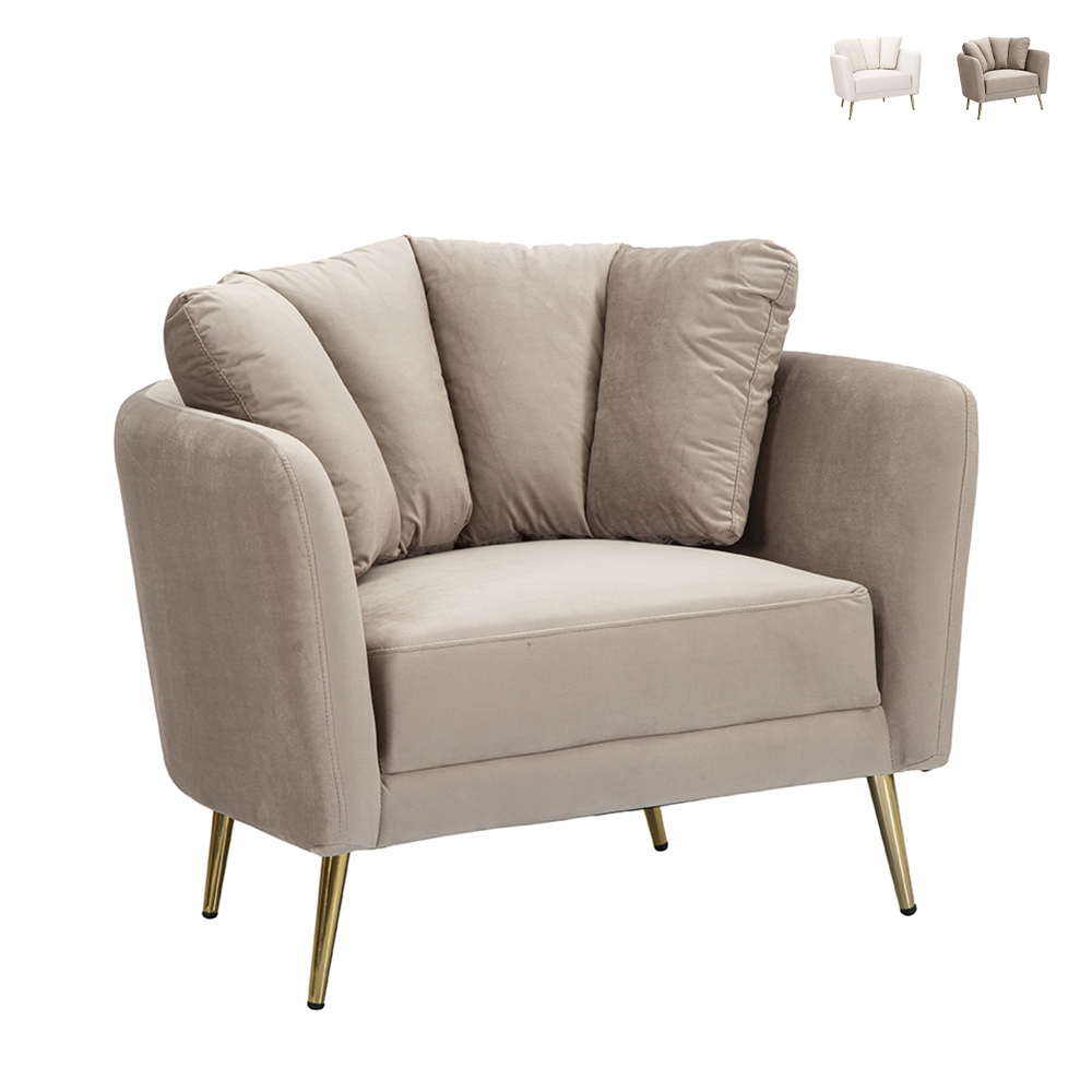 Design-Sessel für das Wohnzimmer, gepolstert, mit goldfarbenen Metallbeinen, Modell Kiev Eigenschaften Design-Sessel für das Wohnzimmer, gepolstert, mit goldfarbenen Metallbeinen, Modell Kiev Eigenschaften