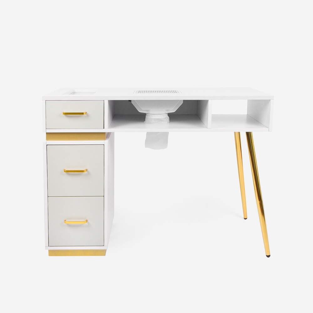 Table manucure blanche aspirateur 3 tiroirs et pieds dorés Skait Promotion Table manucure blanche aspirateur 3 tiroirs et pieds dorés Skait Promotion