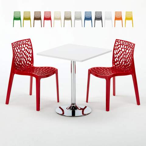 Tavolino Quadrato Bianco 70x70 cm con Base in Acciaio e 2 Sedie Colorate Gruvyer Cocktail Promozione