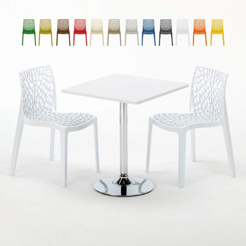 Table Carrée Blanche 70x70cm Avec 2 Chaises Colorées Grand Soleil Set Intérieur Bar Café Gruvyer Cocktail Offre