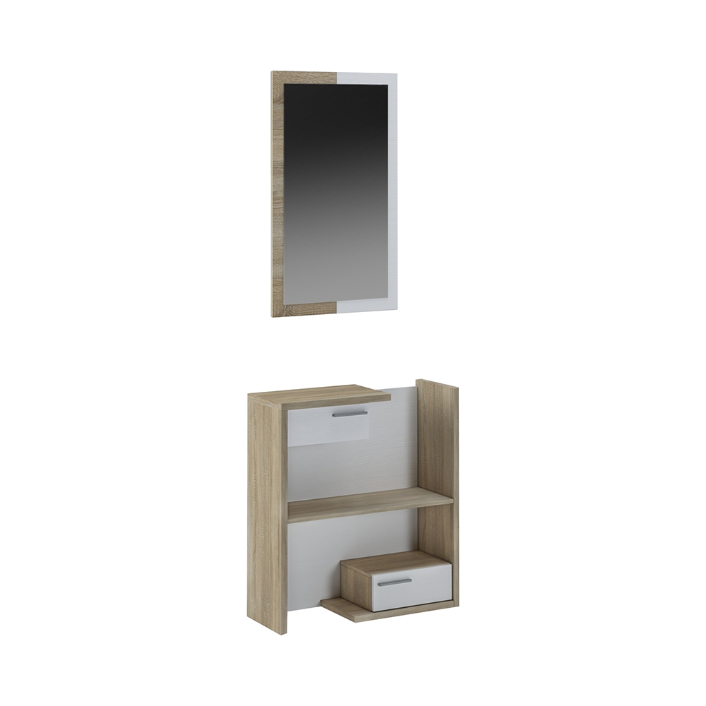 Meuble d'entrée en bois avec miroir 2 tiroirs et étagères Most Wood Promotion Meuble d'entrée en bois avec miroir 2 tiroirs et étagères Most Wood Promotion