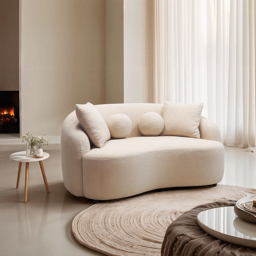 Divano curvo di design 2 posti in tessuto teddy bouclé beige Lazy Promozione Divano curvo di design 2 posti in tessuto teddy bouclé beige Lazy Promozione