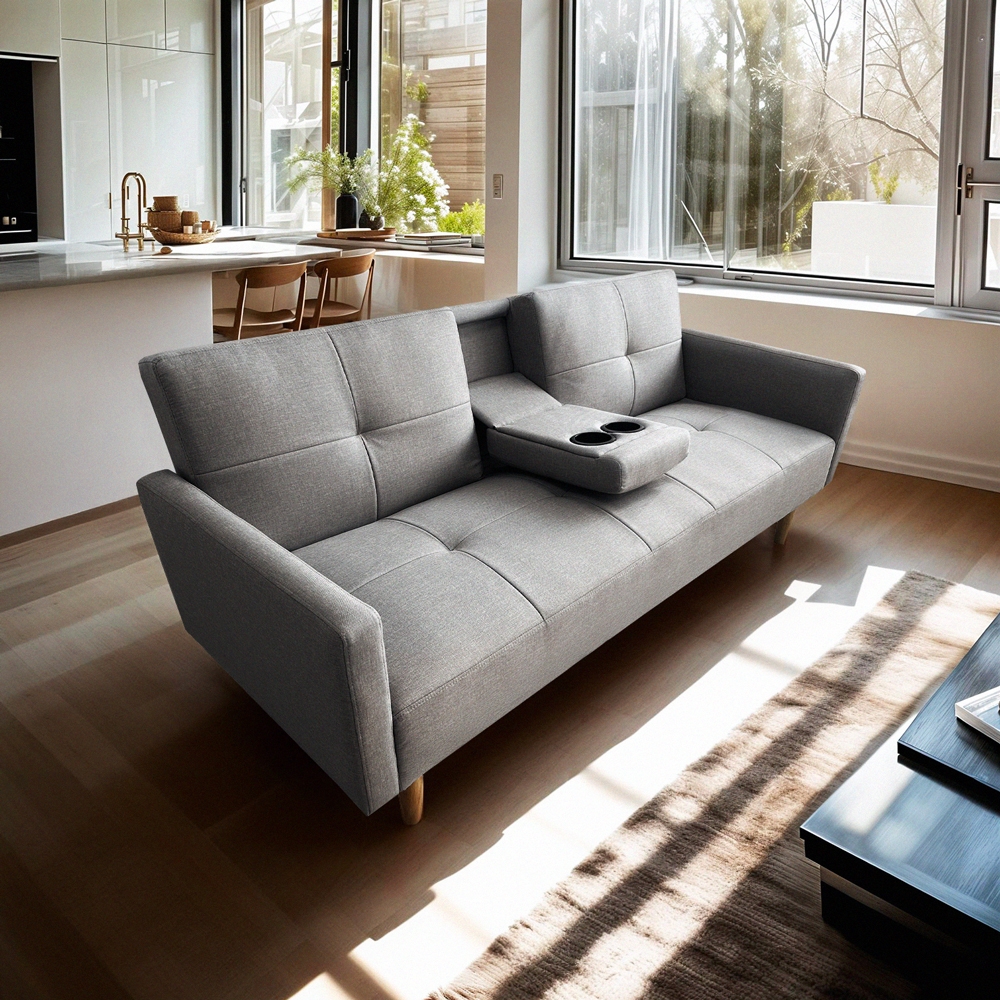 Divano letto 2 posti nordico in tessuto con bracciolo portabevande Donum Promozione Divano letto 2 posti nordico in tessuto con bracciolo portabevande Donum Promozione