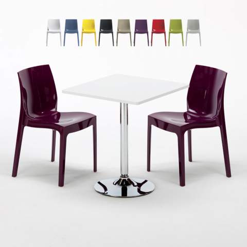 Tavolino Quadrato Bianco 70x70 cm con Base in Acciaio e 2 Sedie Colorate Ice Cocktail Promozione