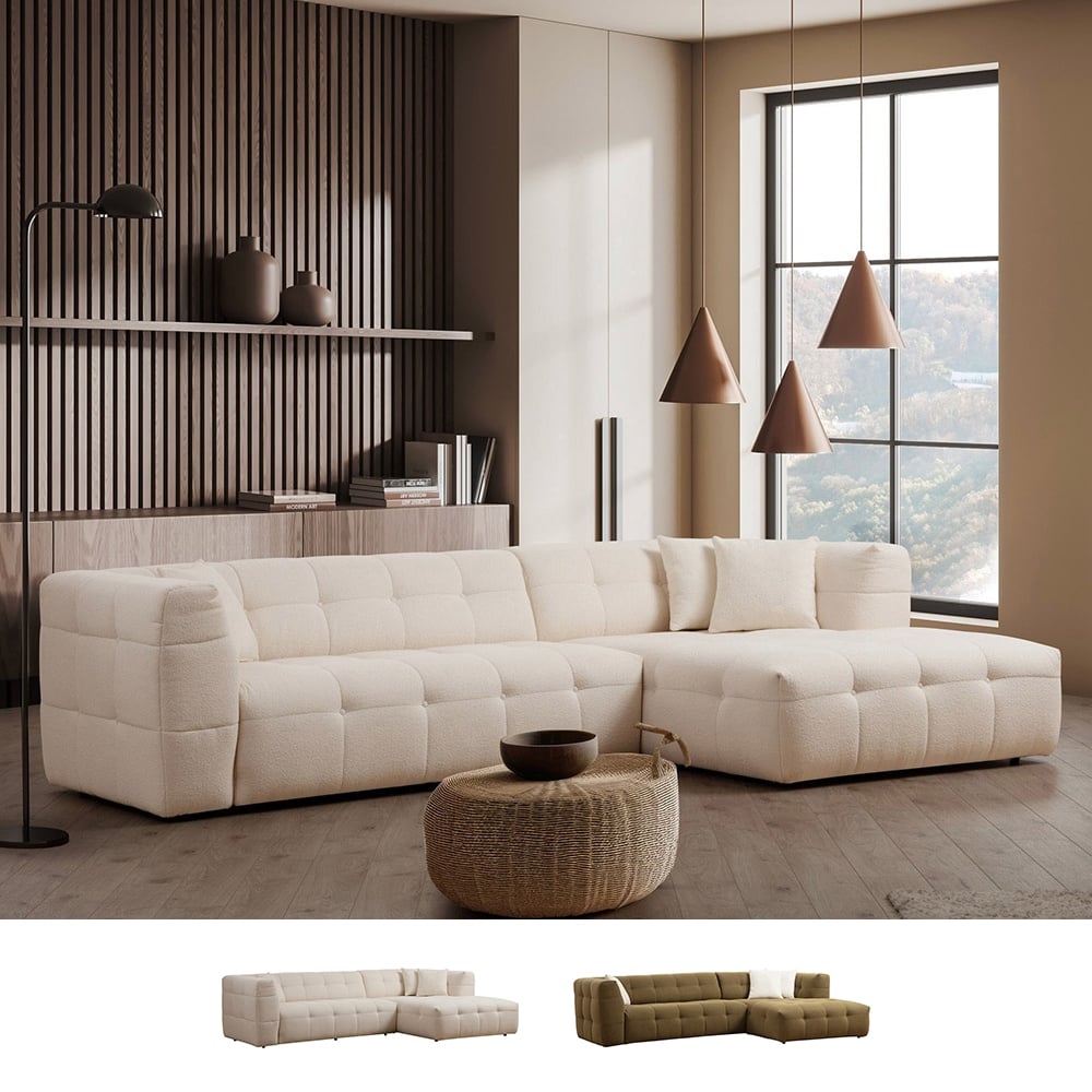 Divano 4 posti angolare destro con chaiselongue in bouclè Cady Right Promozione Divano 4 posti angolare destro con chaiselongue in bouclè Cady Right Promozione