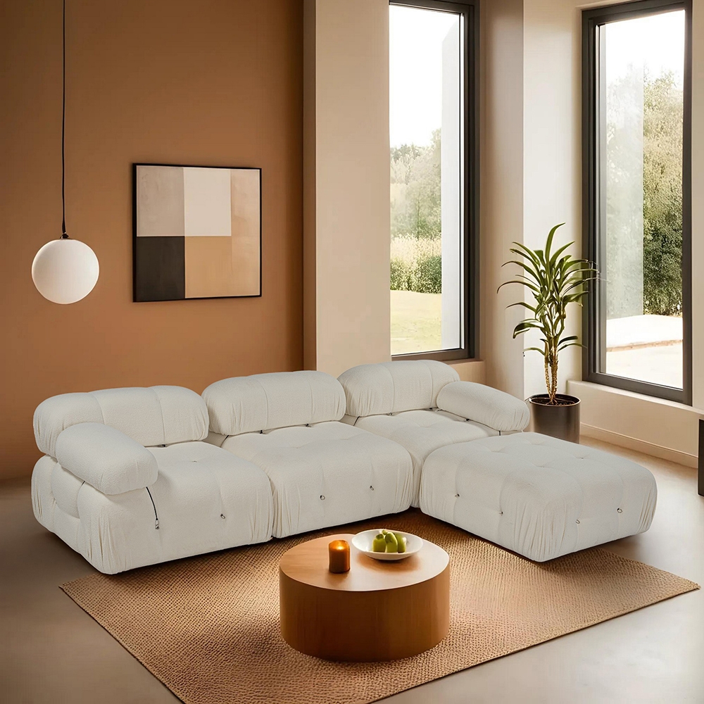 Modulsofa 4-Sitzer mit Fußhocker aus weißem Bouclé Bubble 3SPB Aktion Modulsofa 4-Sitzer mit Fußhocker aus weißem Bouclé Bubble 3SPB Aktion