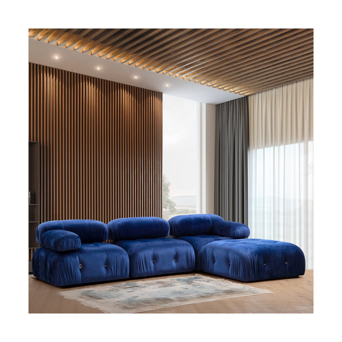 Divano modulare componibile 4 posti blu con poggiapiedi in velluto Bubble 3SPV Promozione Divano modulare componibile 4 posti blu con poggiapiedi in velluto Bubble 3SPV Promozione