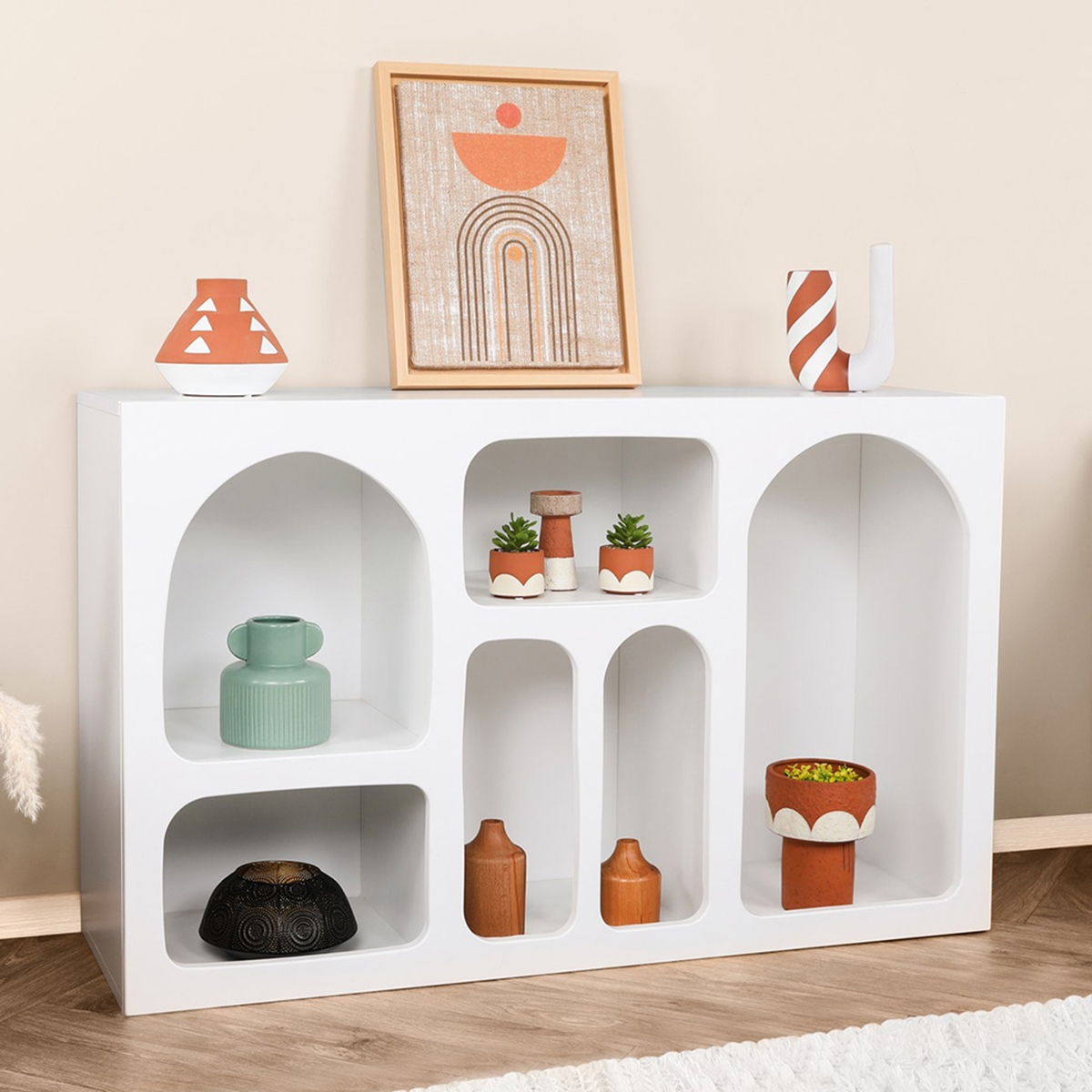 Console d'entrée design blanche avec compartiments incurvés 120x37cm Liva Promotion Console d'entrée design blanche avec compartiments incurvés 120x37cm Liva Promotion